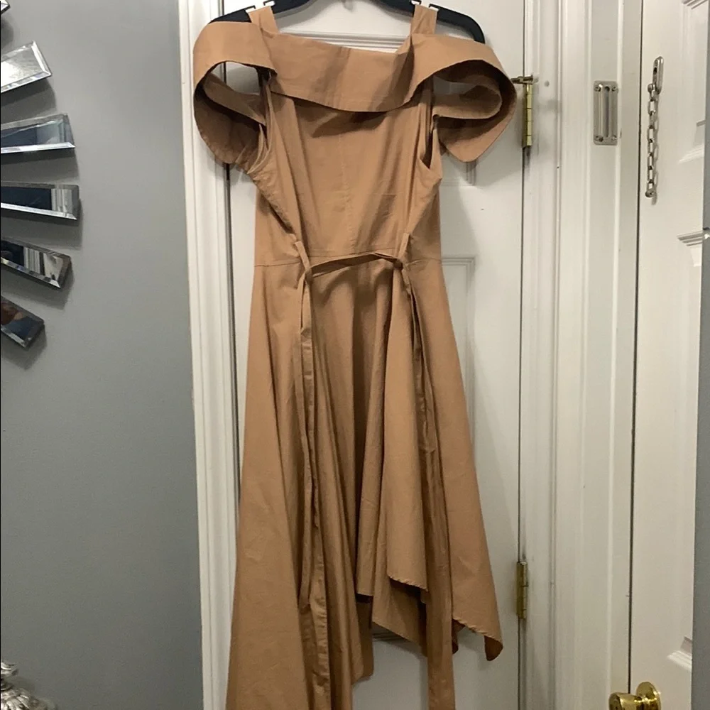 Elegant Tan Off-Shoulder Dress by Hot and Delicious - Picture 8 of 10